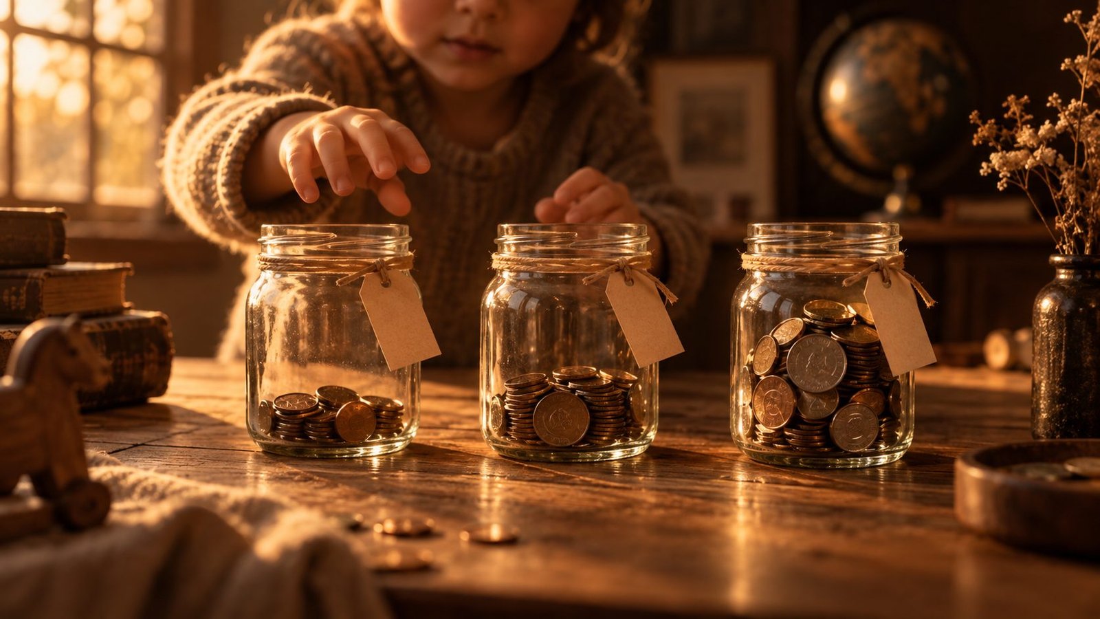 Três potinhos transparentes com moedas sobre uma mesa de madeira