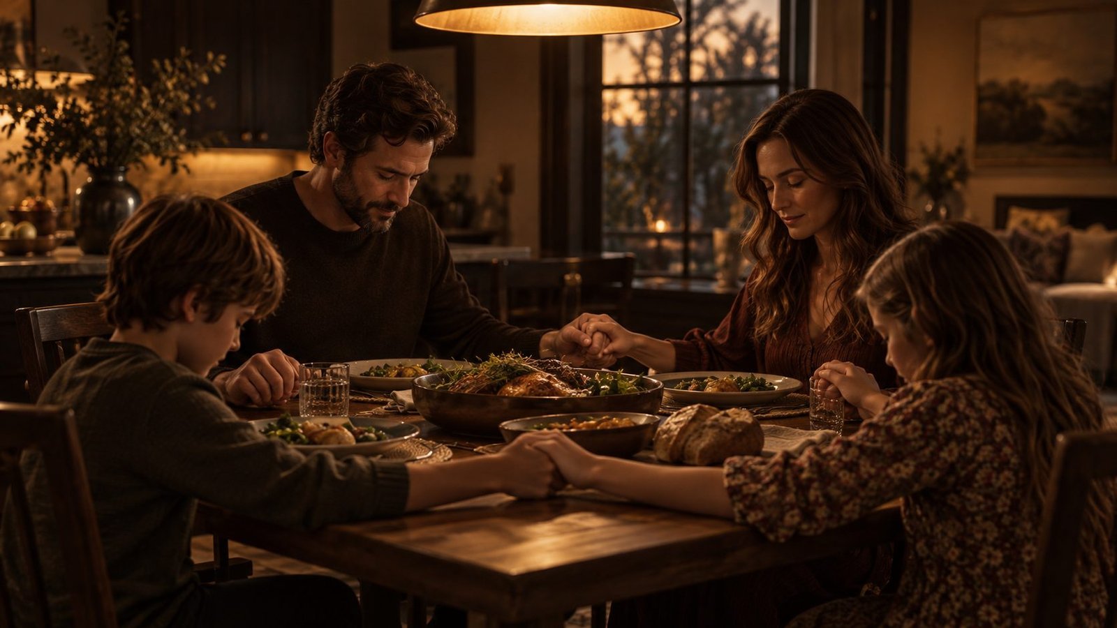 Família de mãos dadas à mesa de jantar, à luz de vela