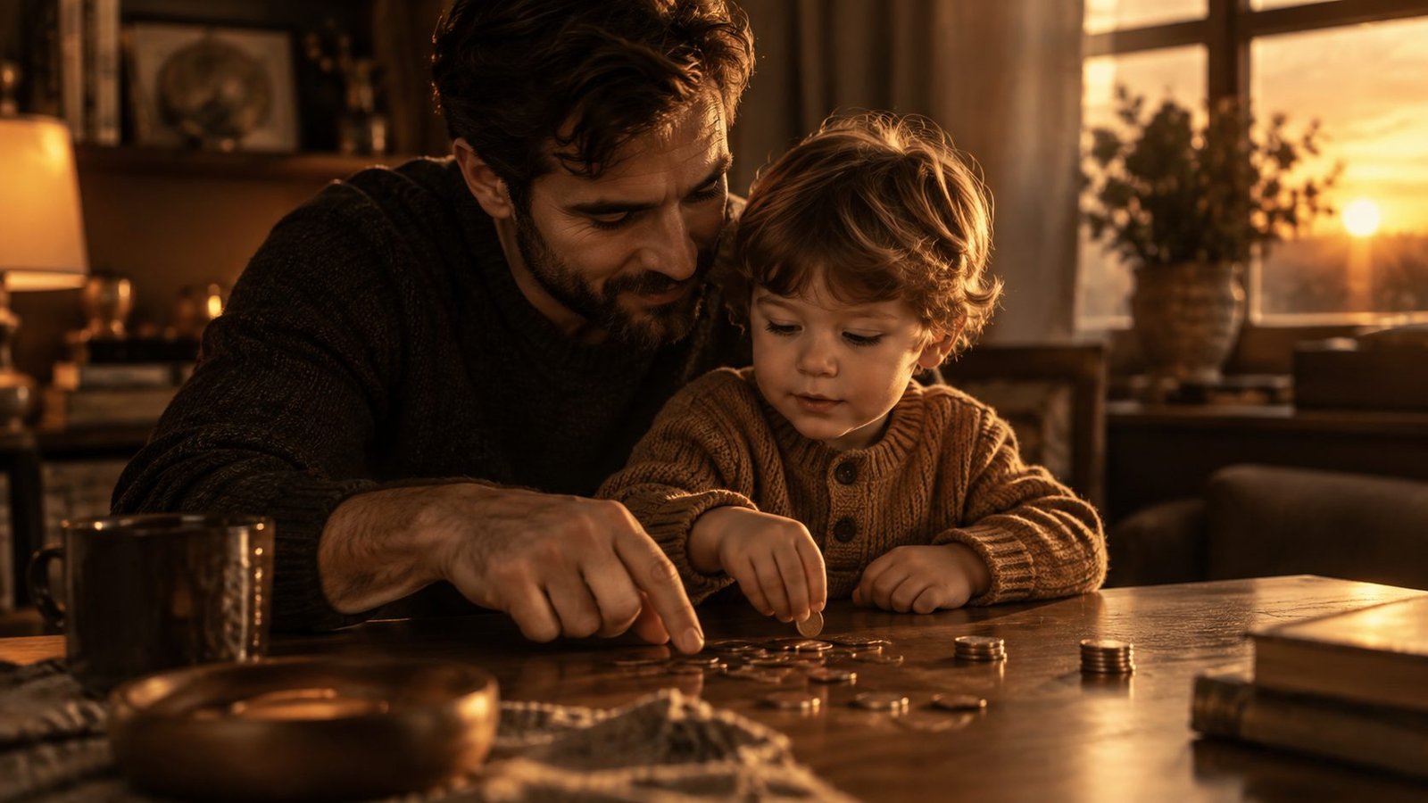 Pai ensinando o filho pequeno a contar moedas em casa