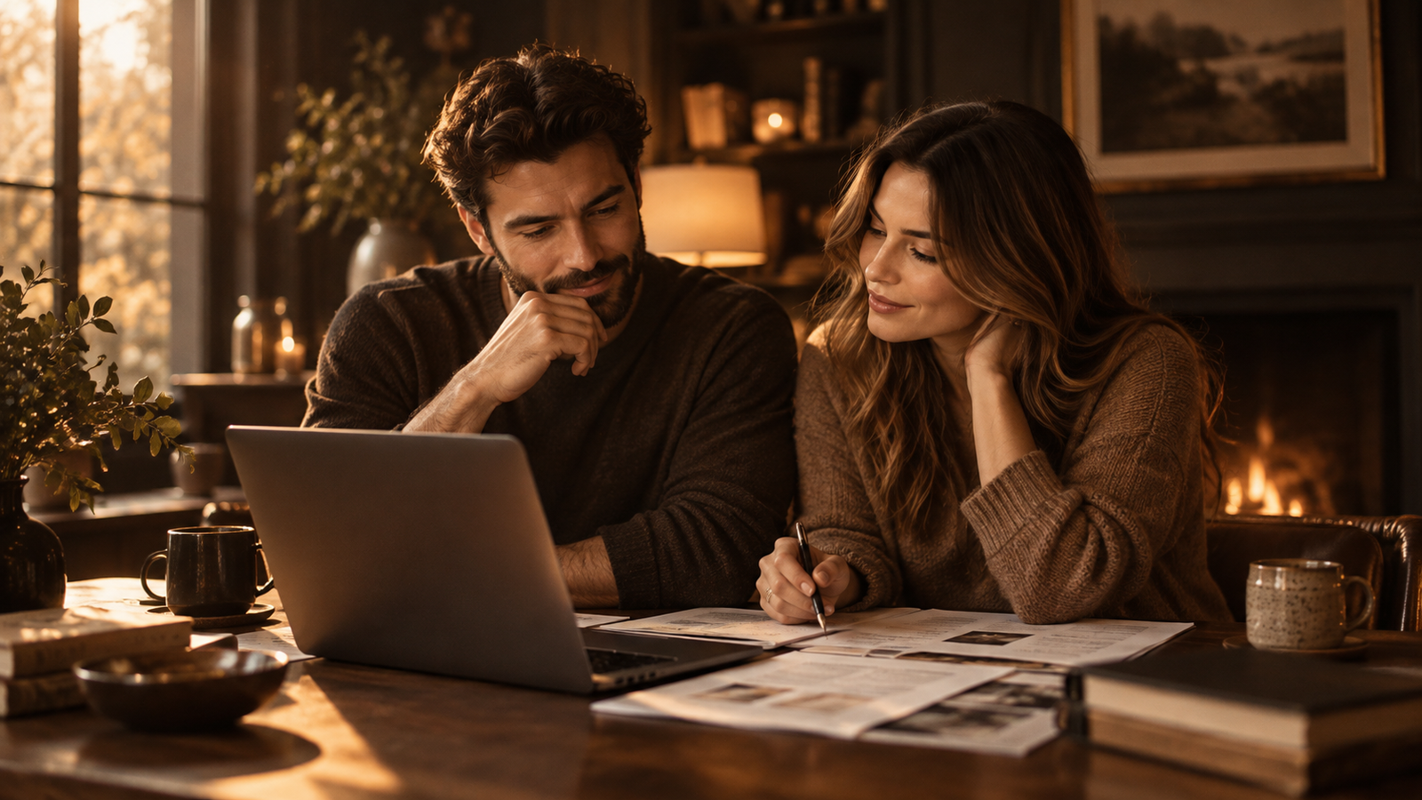 Casal planejando as finanças juntos em uma mesa de escritório em casa